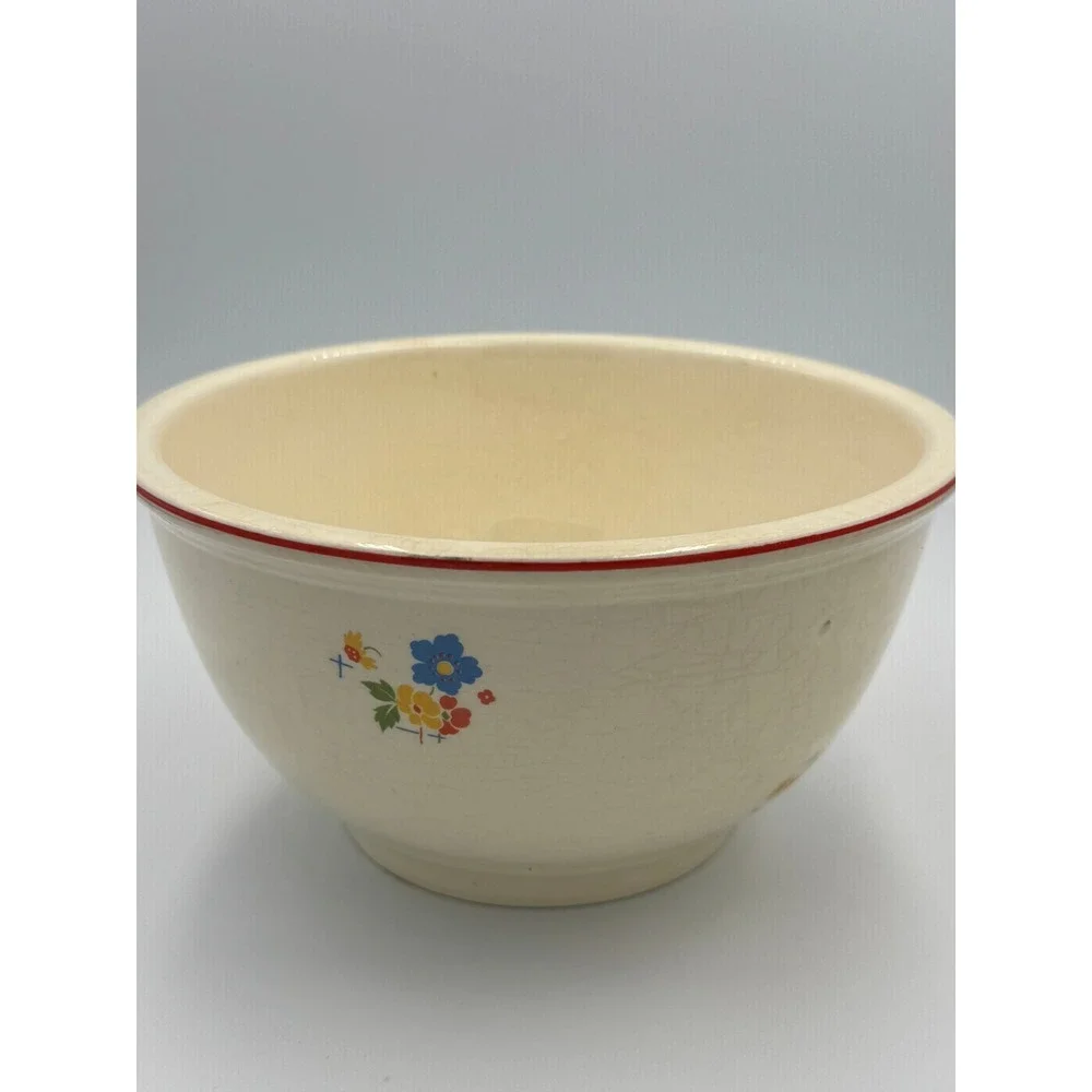 Vintage Homer Laughlin Kitchen Kraft Oven Serve‎ Floral Mixing Bowl Red Rim USA